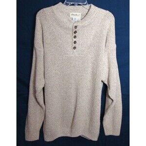 EDDIE BAUER Mens Cotton Pullover SZ L Henley Sweater Tan Cream Knit Long Sleeve